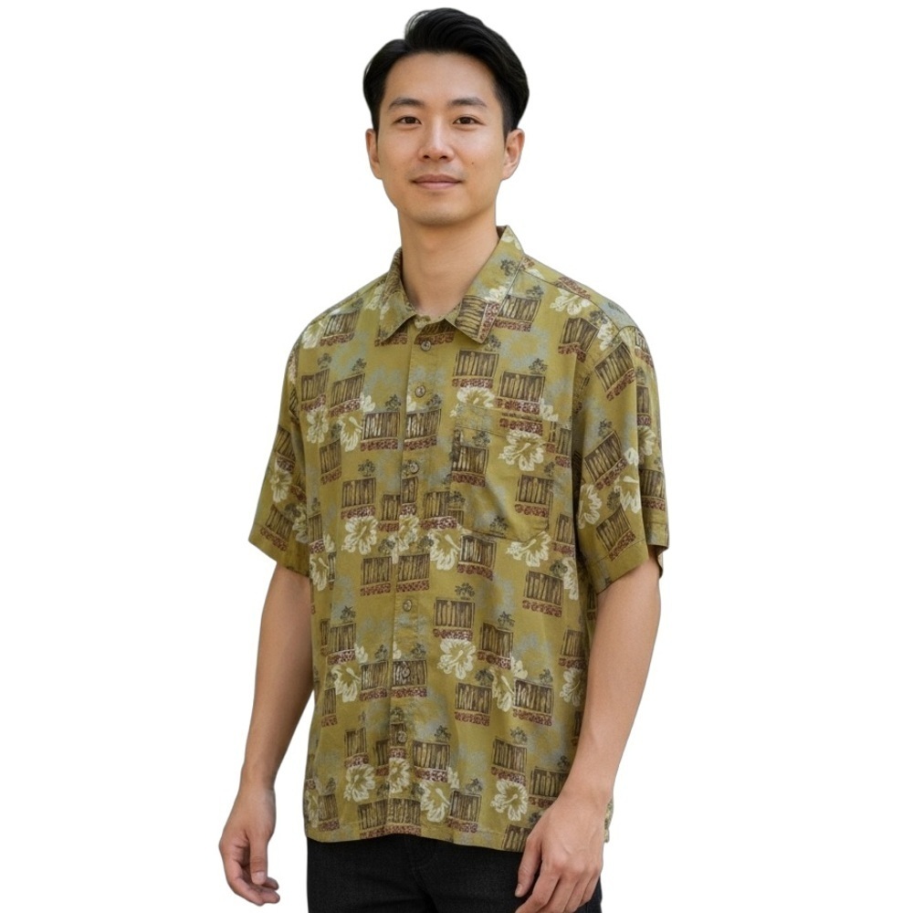COLUMBIA Hawaiian Print Surfboards Palm Trees Shirt